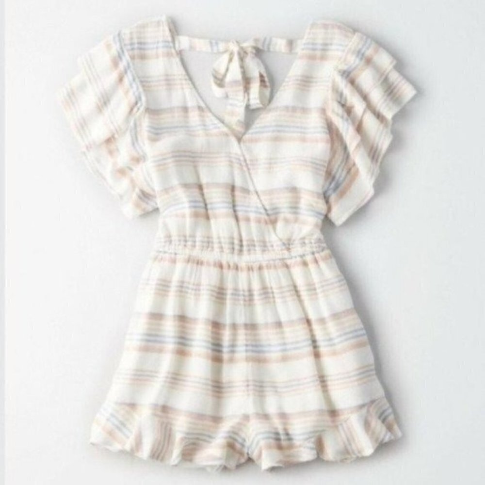 American Eagle Ruffle Sleeve Striped Romper